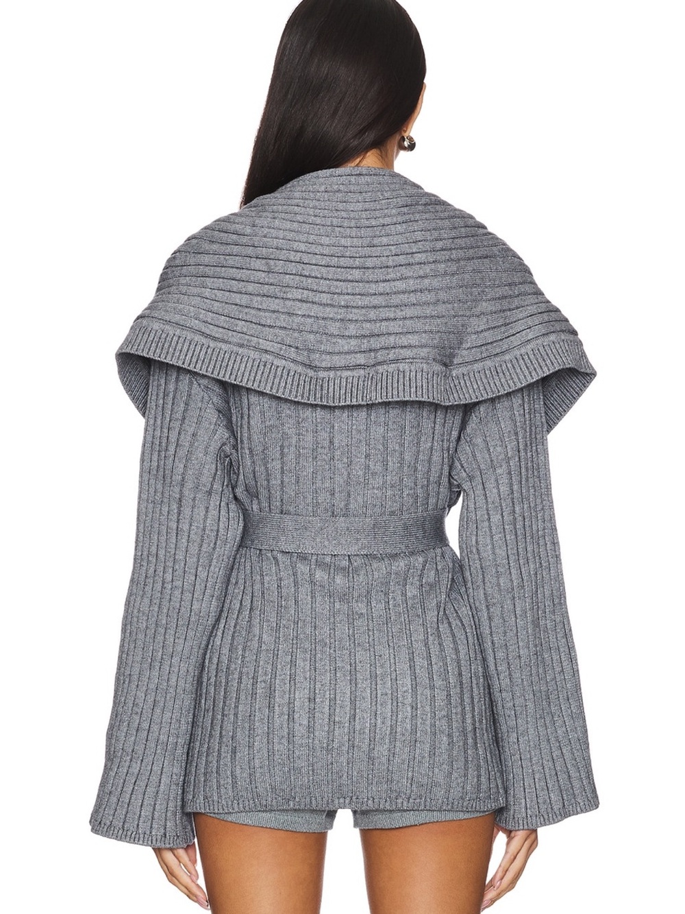 Ribbed Shawl-Collar Tie-Waist Cardigan in Grey - Picture 3 of 4